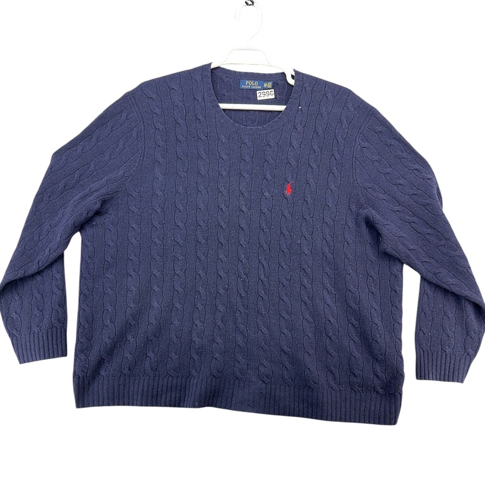 Polo Ralph Lauren Sweater Mens 3XB Blue Wool Cashmere Cable Knit Crew Neck Pony